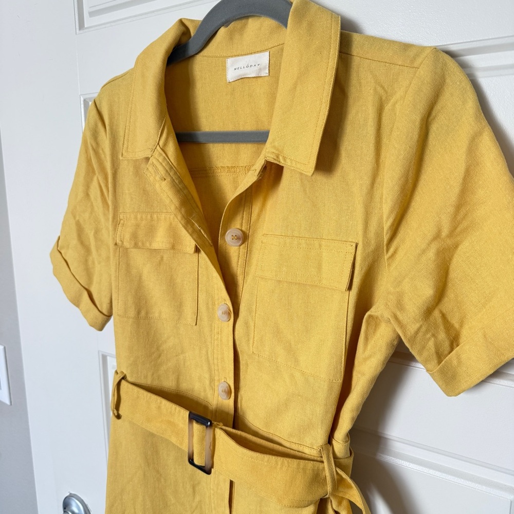Melloday Safari Style Linen Blend Button Down Belted A-Line dress sz Small - Picture 2 of 7